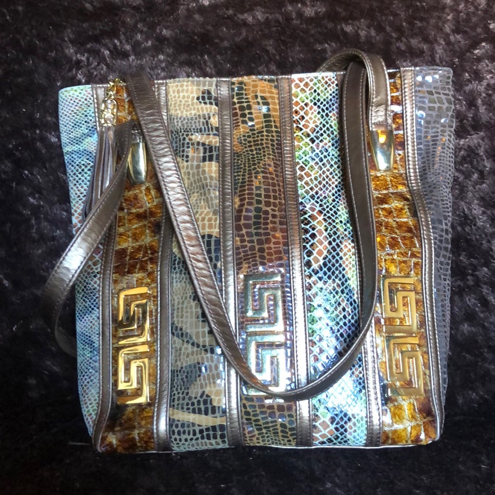 Leather hand bag with gold and snakeskin